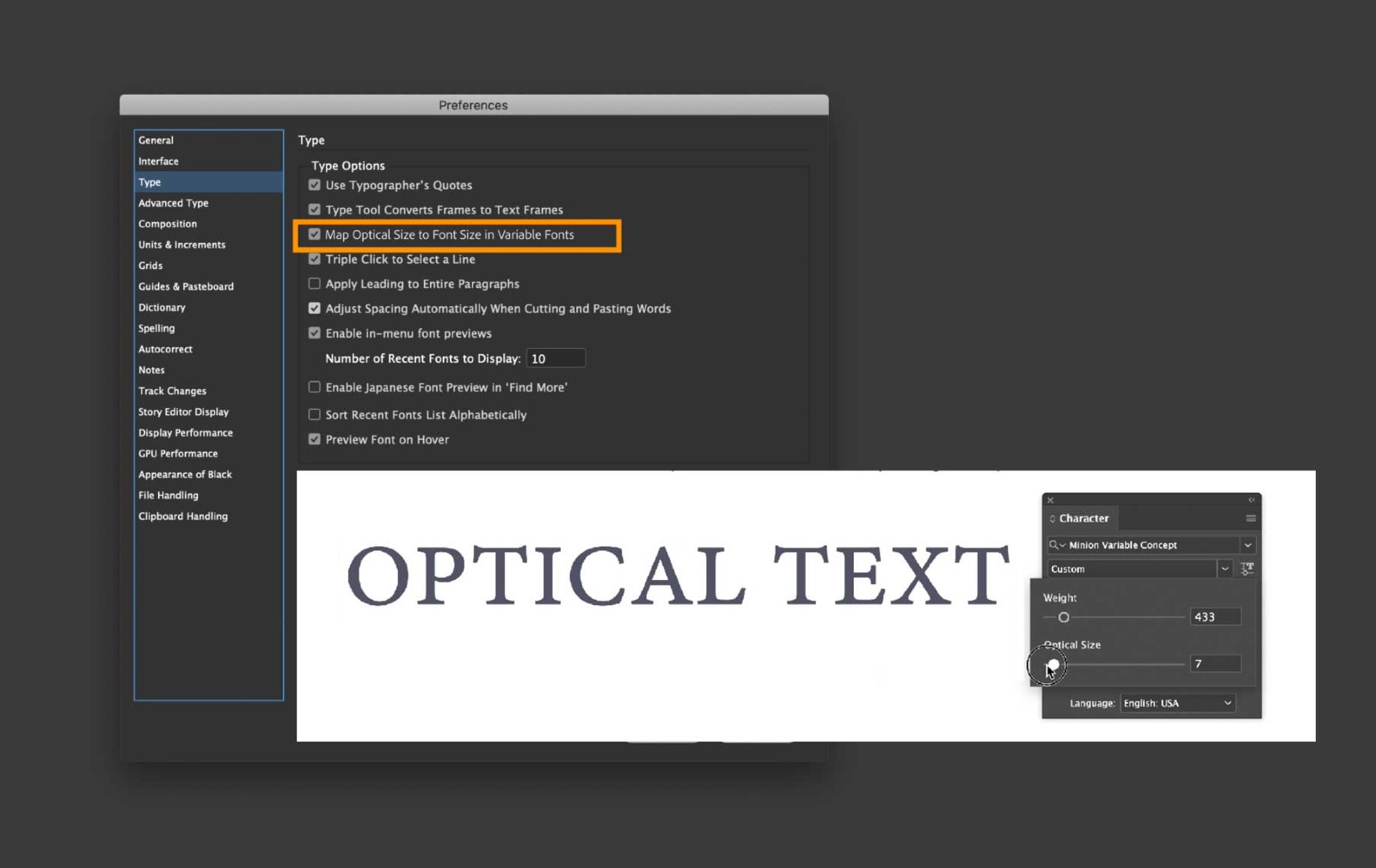 More information about "InDesign: Automatic mapping of Optical Size in Variable fonts to Font Size"